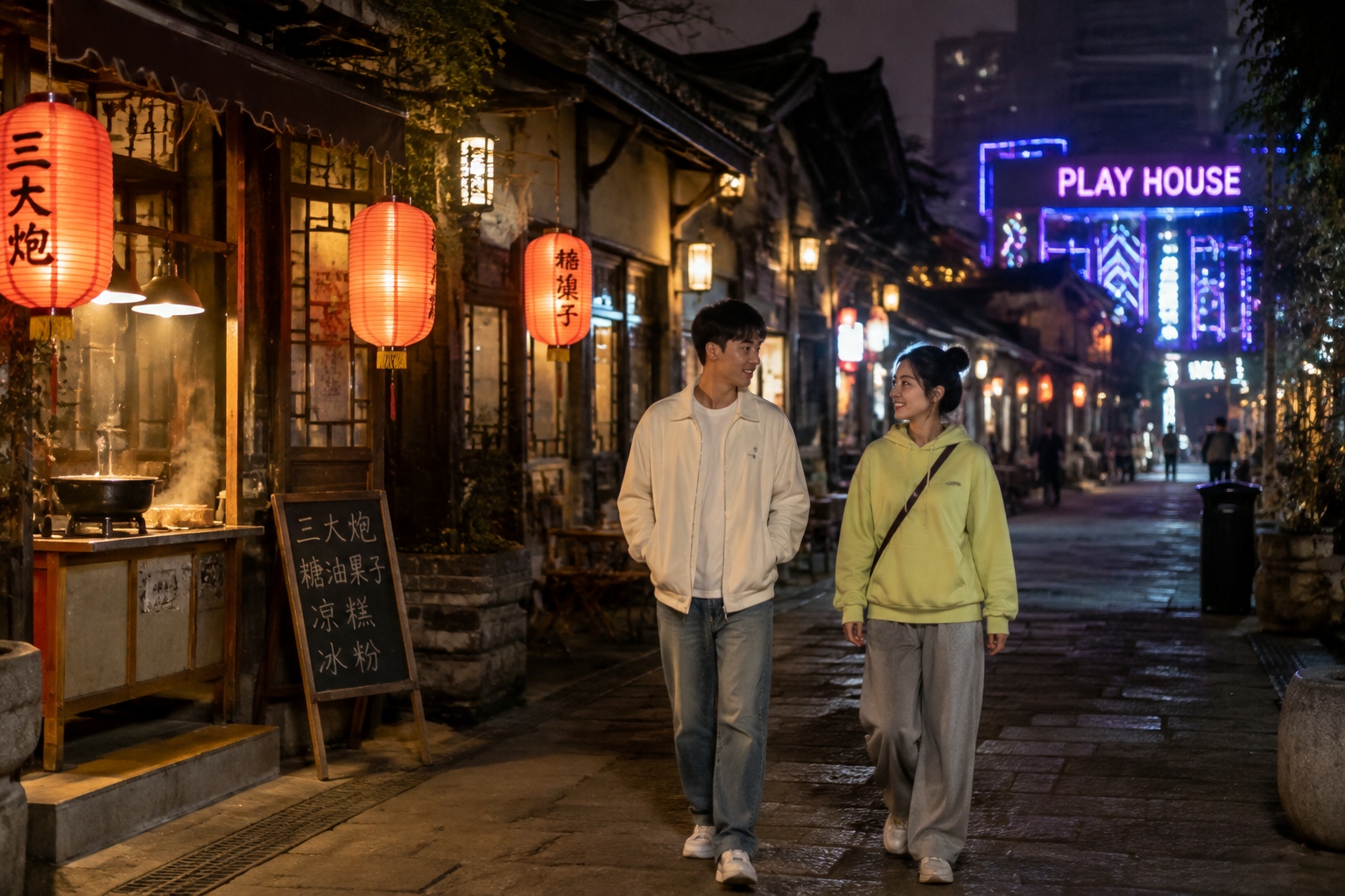 Young Chinese walking on a quiet old street at night with a blurred nightclub sign in the background