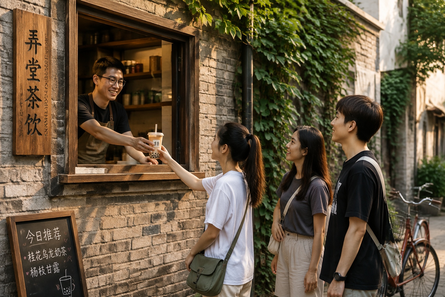 A small independent drink shop owner serving young citywalkers in an old Chinese neighborhood