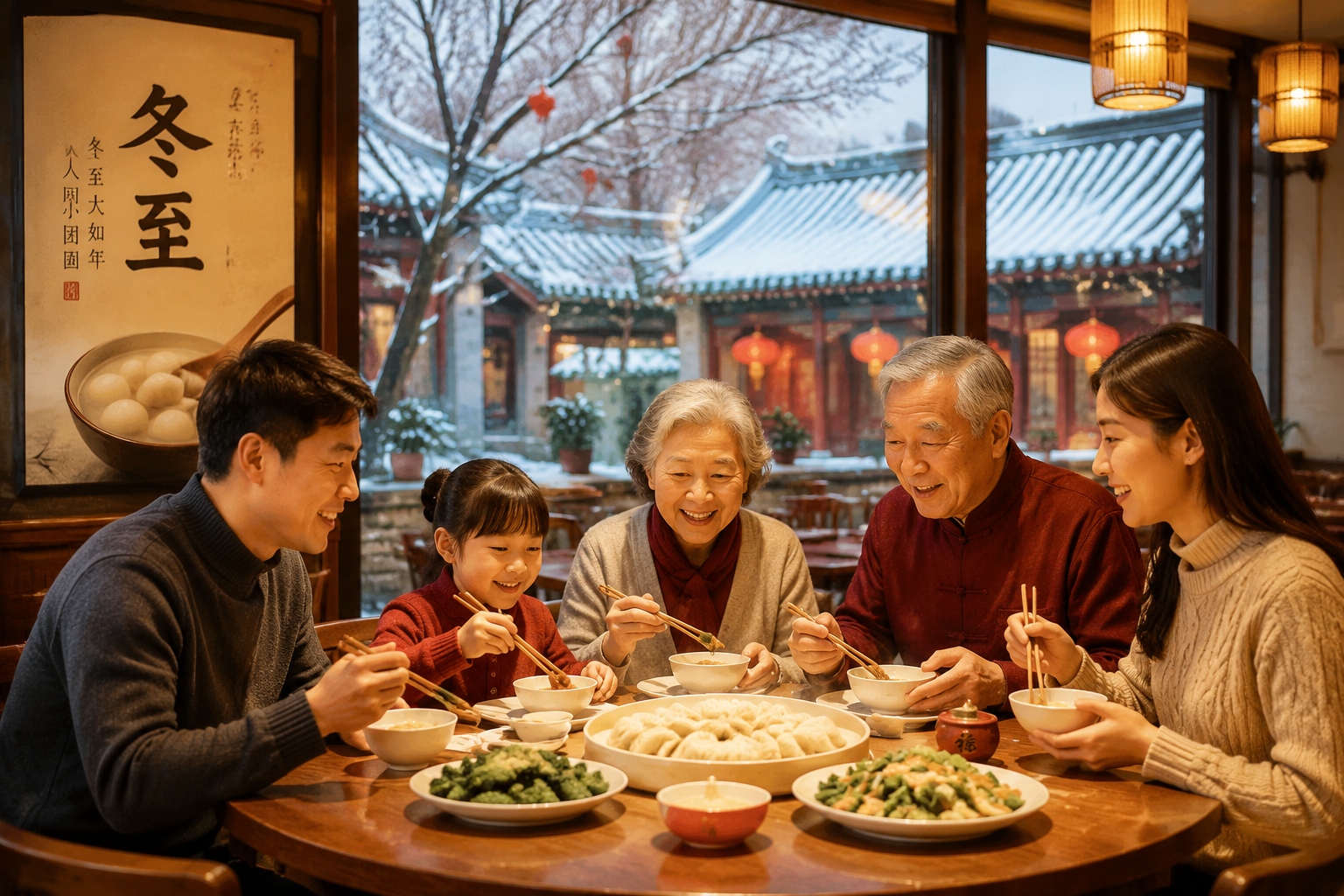Chinese urban family enjoying winter solstice dumplings in a Beijing restaurant
