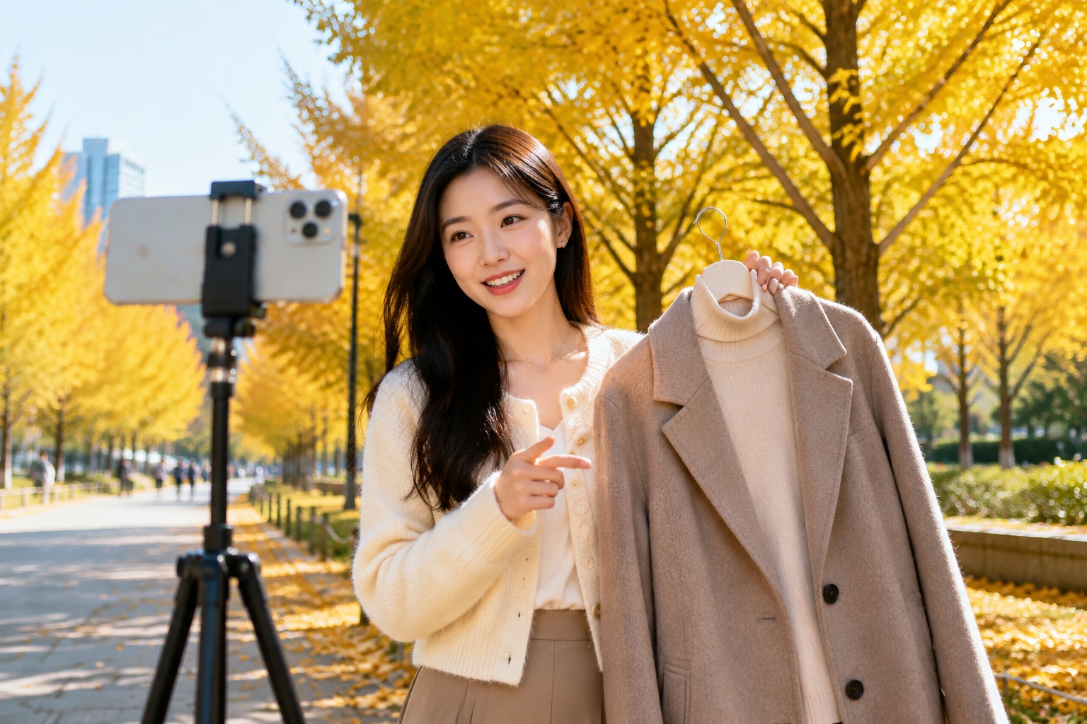 Young Chinese influencer creating content about autumn solar term fashion in a park