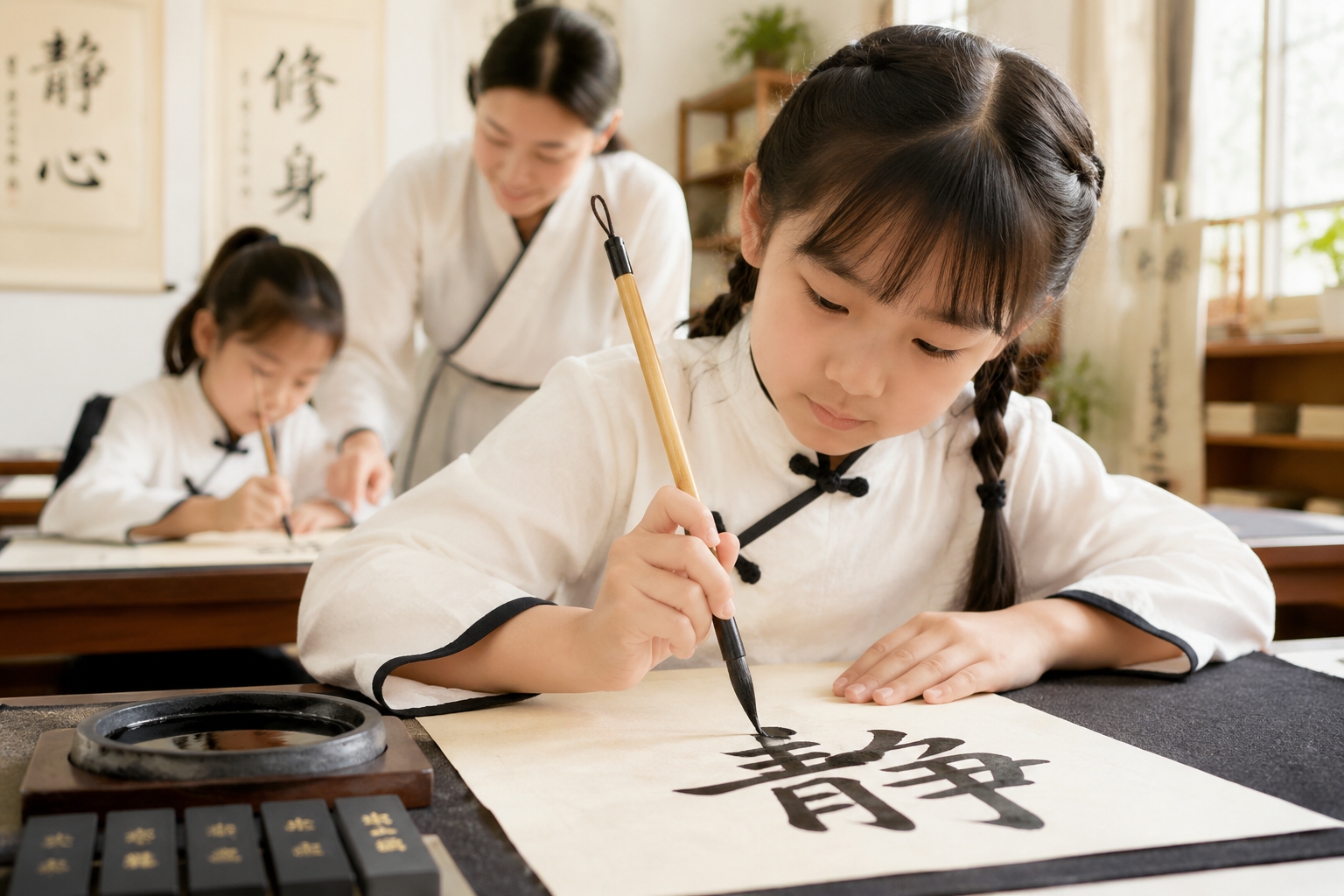 A close-up of a Chinese schoolchild's hand writing the Chinese character that means silence with a calligraphy brush on rice paper