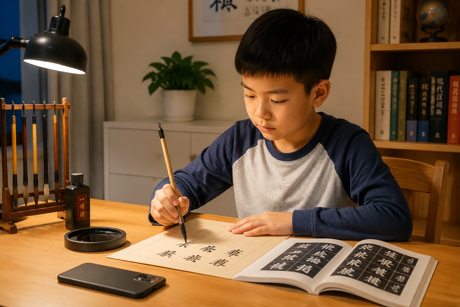 A young Chinese boy practises calligraphy at home while his smartphone sits face-down on the desk