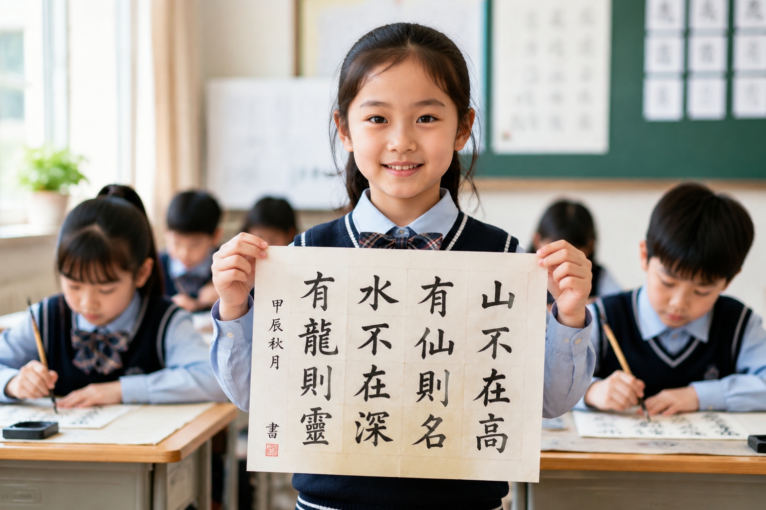 A Chinese schoolgirl proudly shows her finished Chinese character writing on rice paper in class