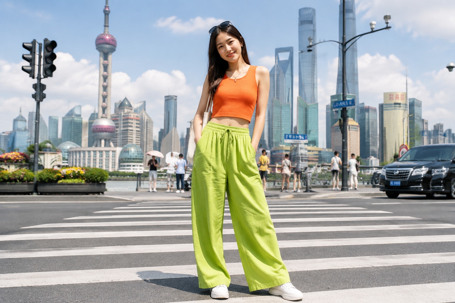 A young woman in Shanghai sporting dopamine dressing with a fluorescent orange top and olive green pants, walking on a city street.