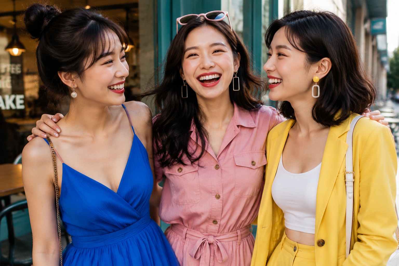 Three young Chinese friends smiling while wearing bright, dopamine-boosting outfits in blue, pink, and yellow.