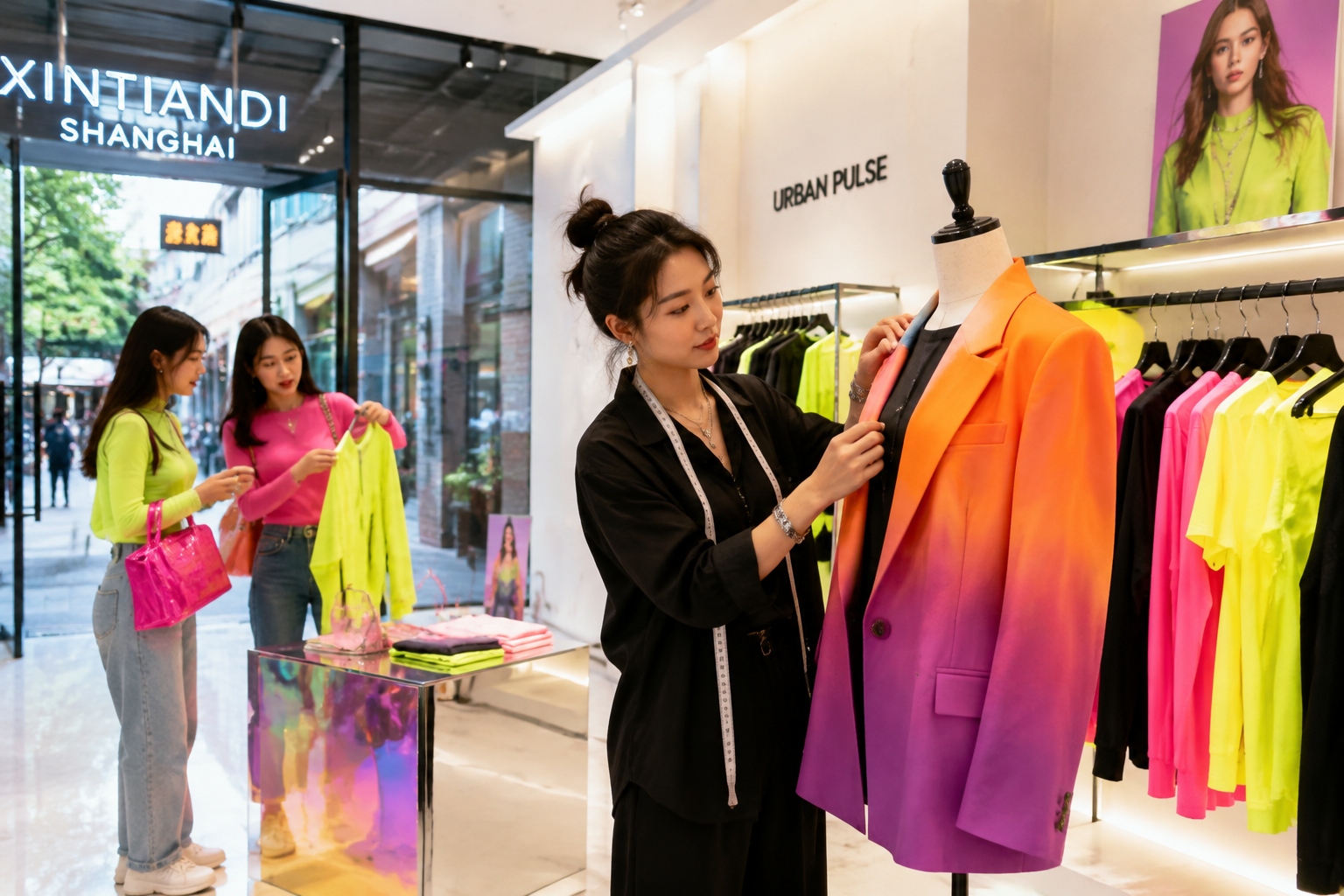 A fashion designer in a Shanghai boutique adjusting a mannequin wearing a bright gradient blazer, part of a dopamine dressing collection.