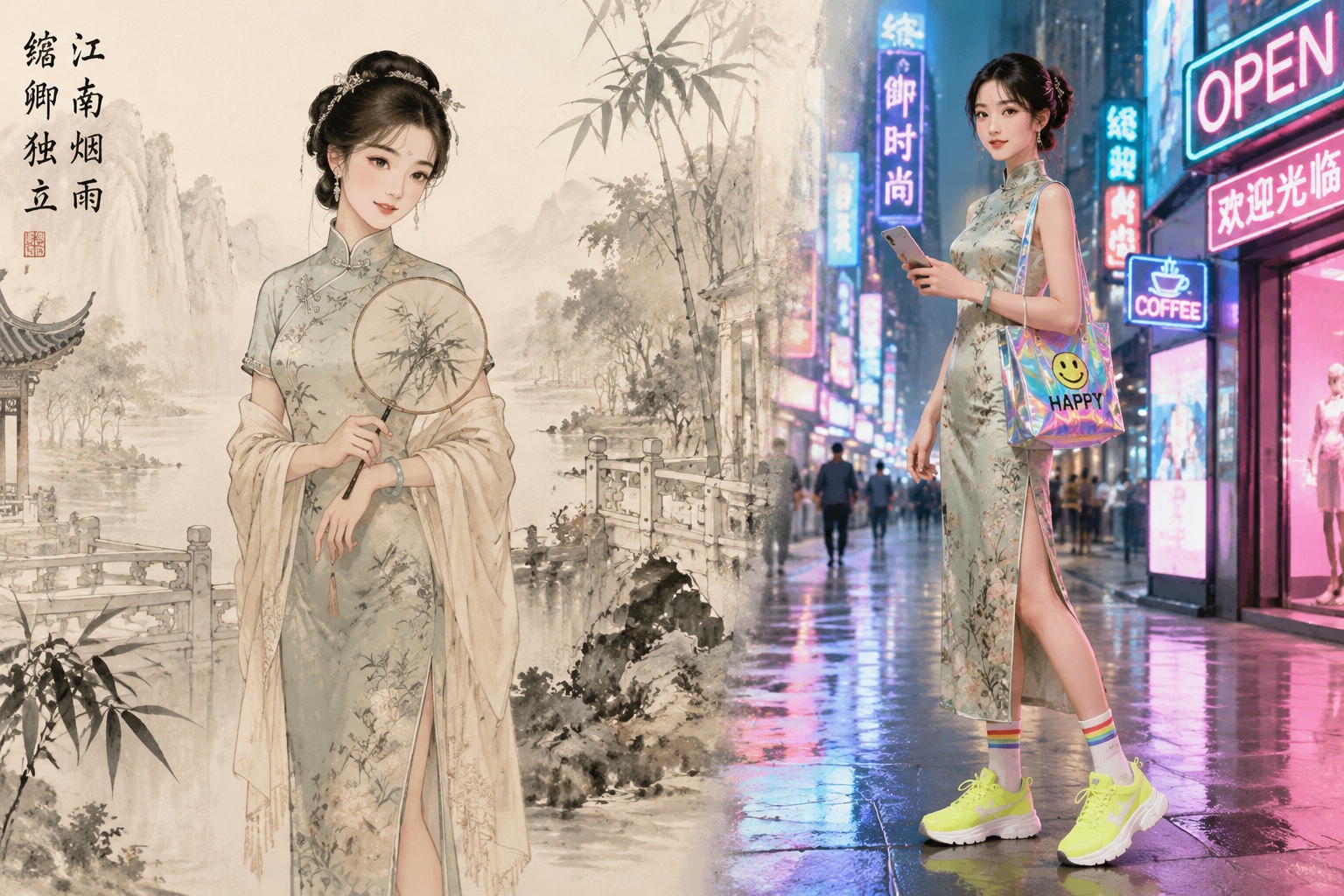 Visual contrast of traditional Chinese elegance versus modern dopamine dressing style, showing a woman in a qipao with bright accessories.