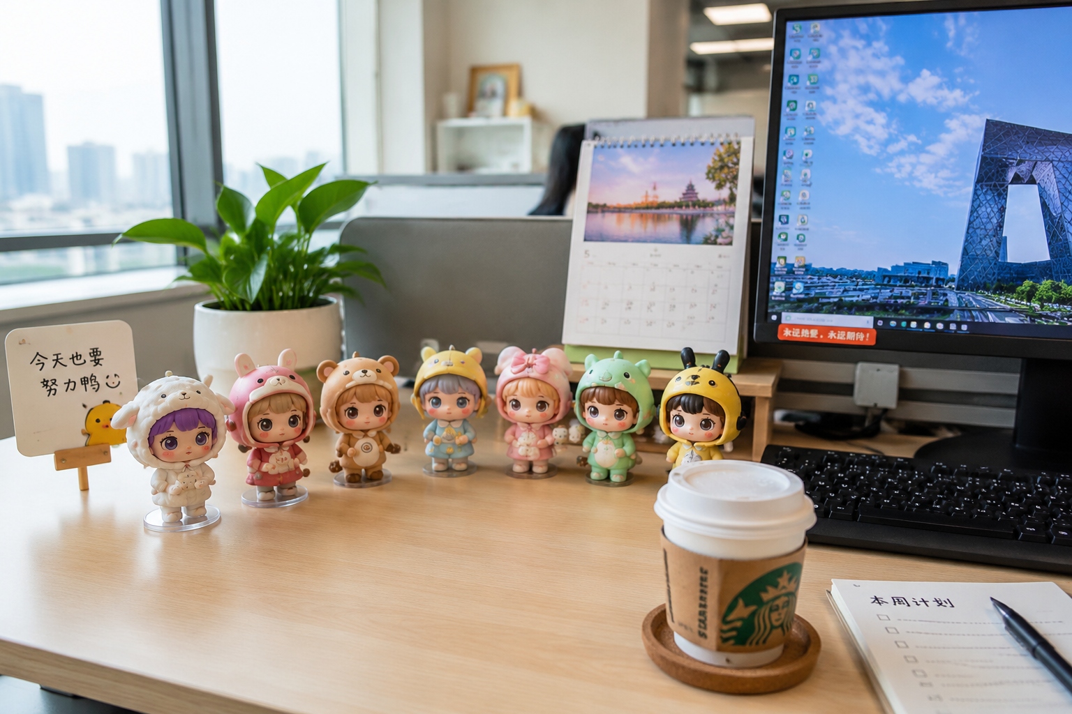 Desk display of blind box collectible figurines in a Chinese office