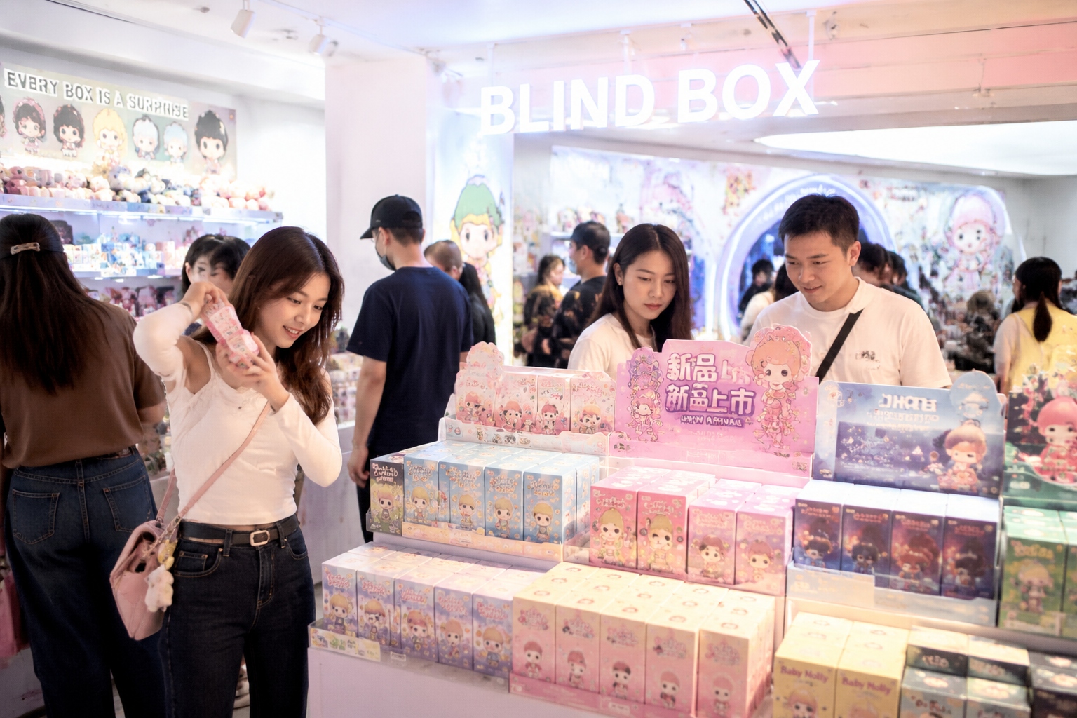 Young people shopping for blind boxes at a pop-up store in China