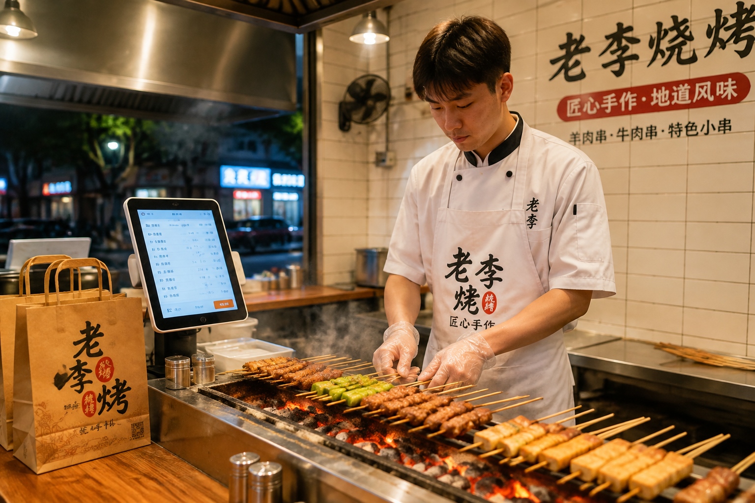 Chef grilling lamb skewers over charcoal in a busy Chinese BBQ restaurant kitchen at night, with takeaway bags and order tablets nearby