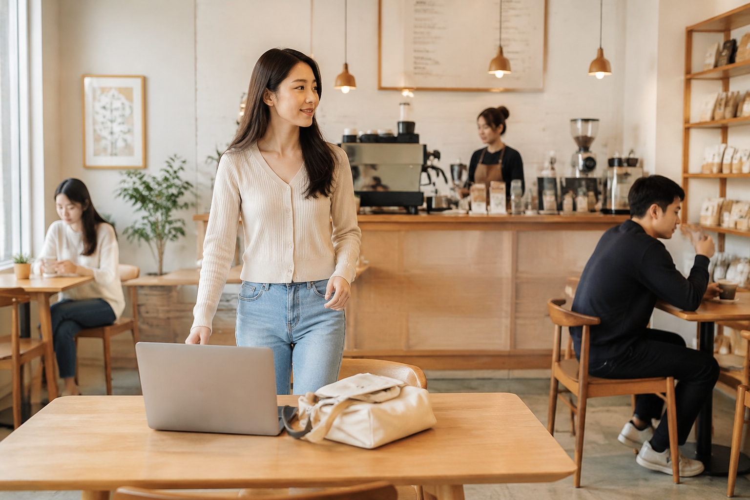 A young woman in a Chinese cafe leaves her laptop and bag on a table while walking to the counter, showing the trust in public spaces