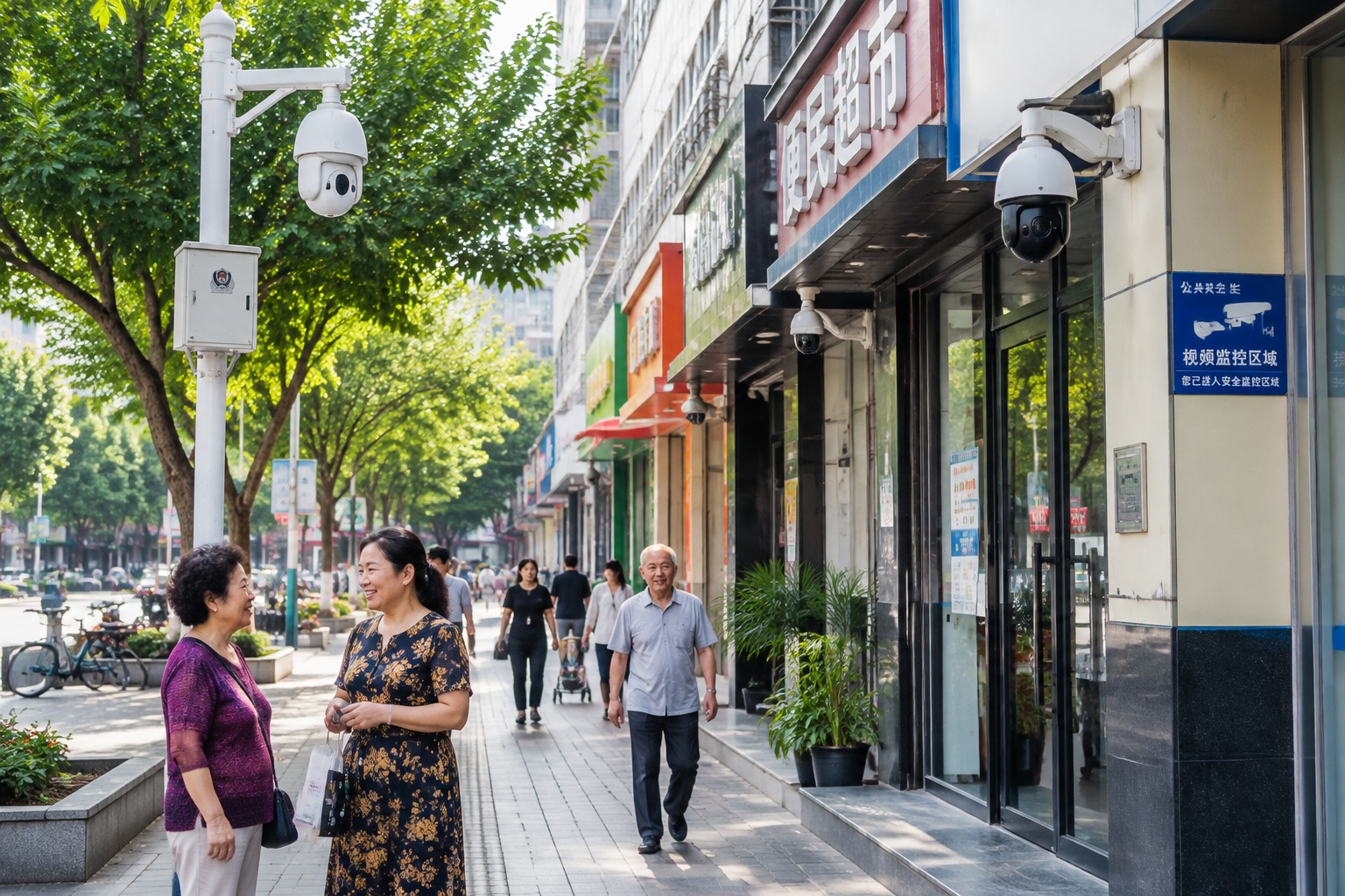 A typical street in urban China with visible security cameras and pedestrians, illustrating the surveillance network that contributes to public safety