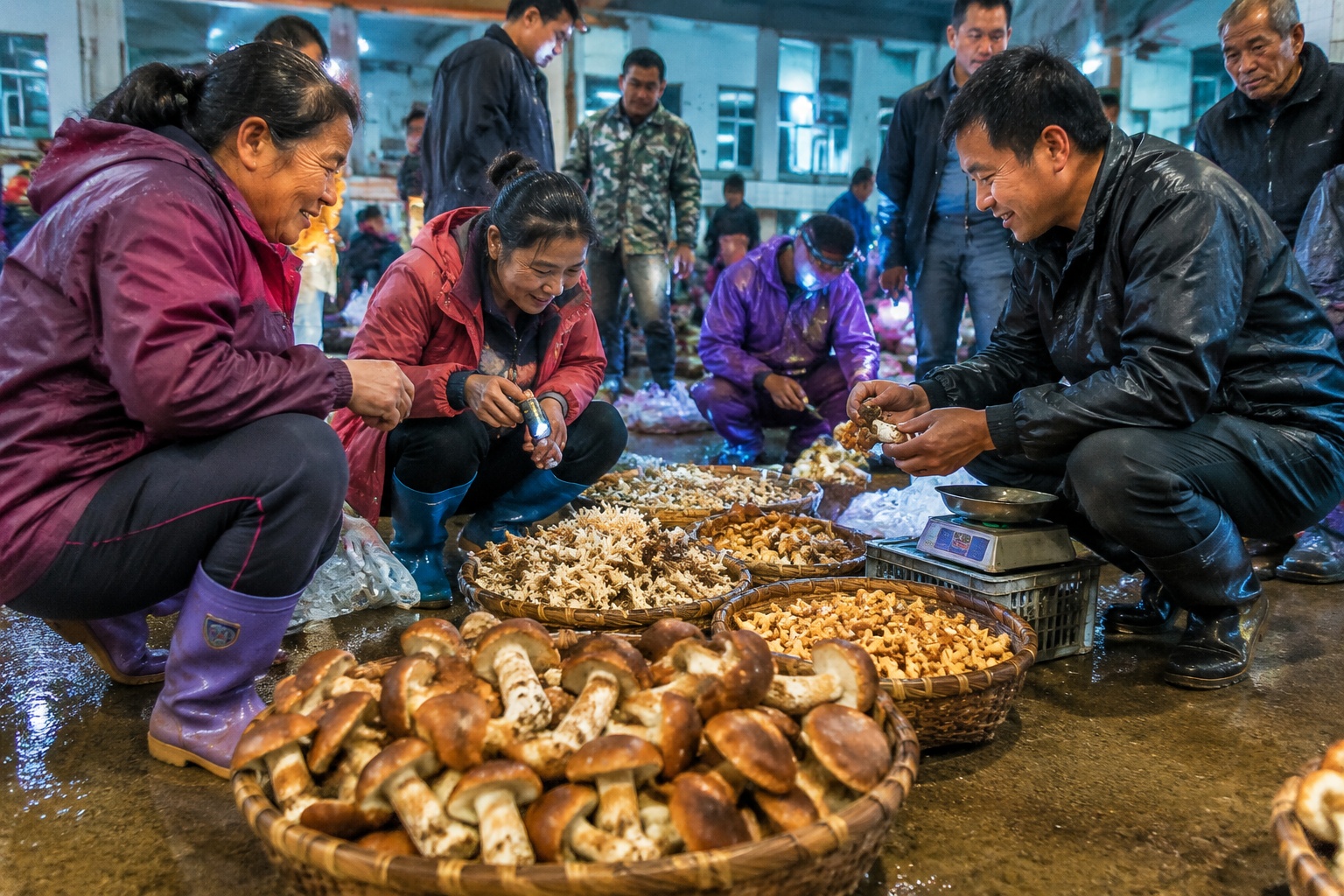 Vendors and buyers inspecting wild mushrooms at the morning market in Kunming, Yunnan
