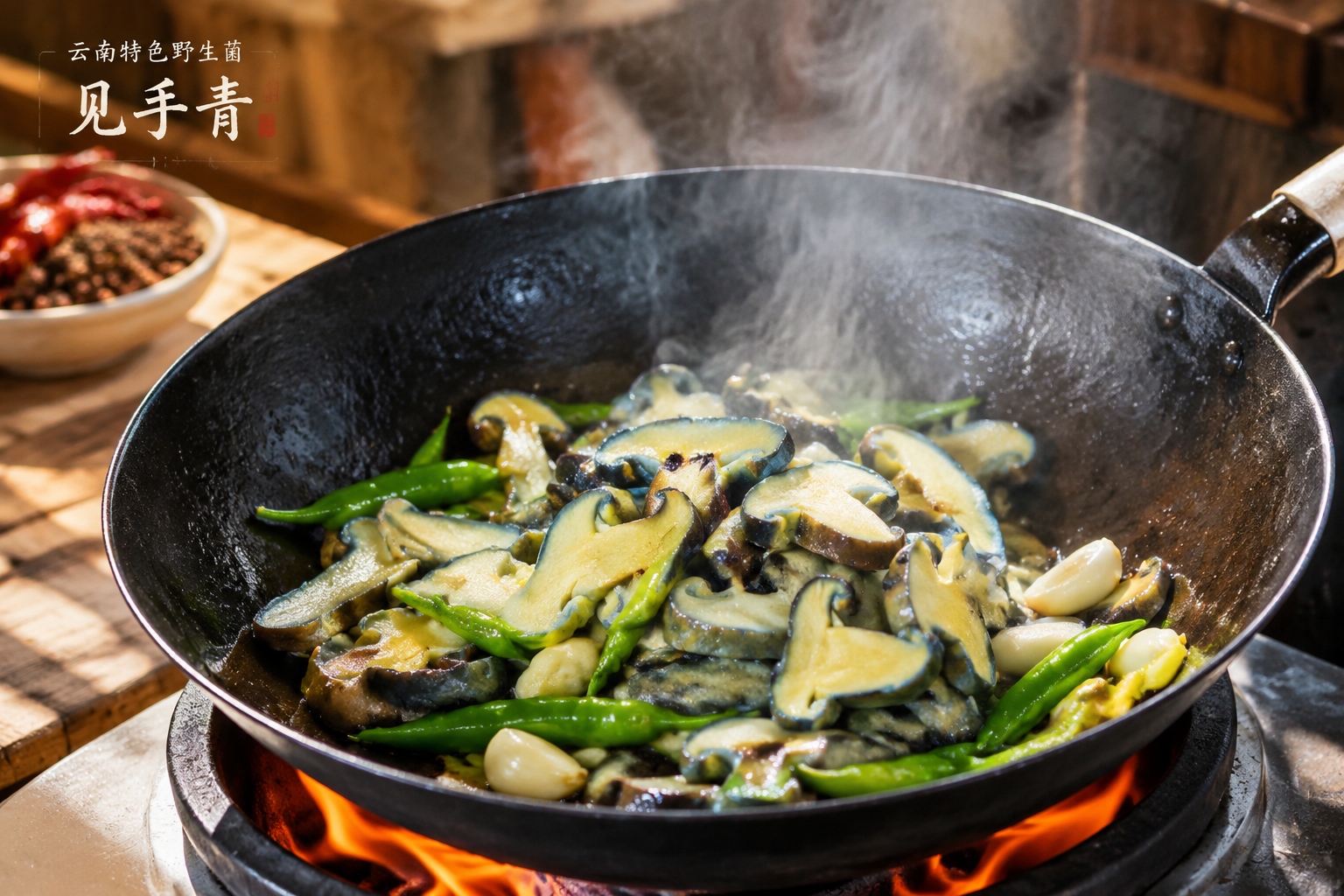 Garlic and chili fried see hand qing bolete mushrooms in a wok in Yunnan