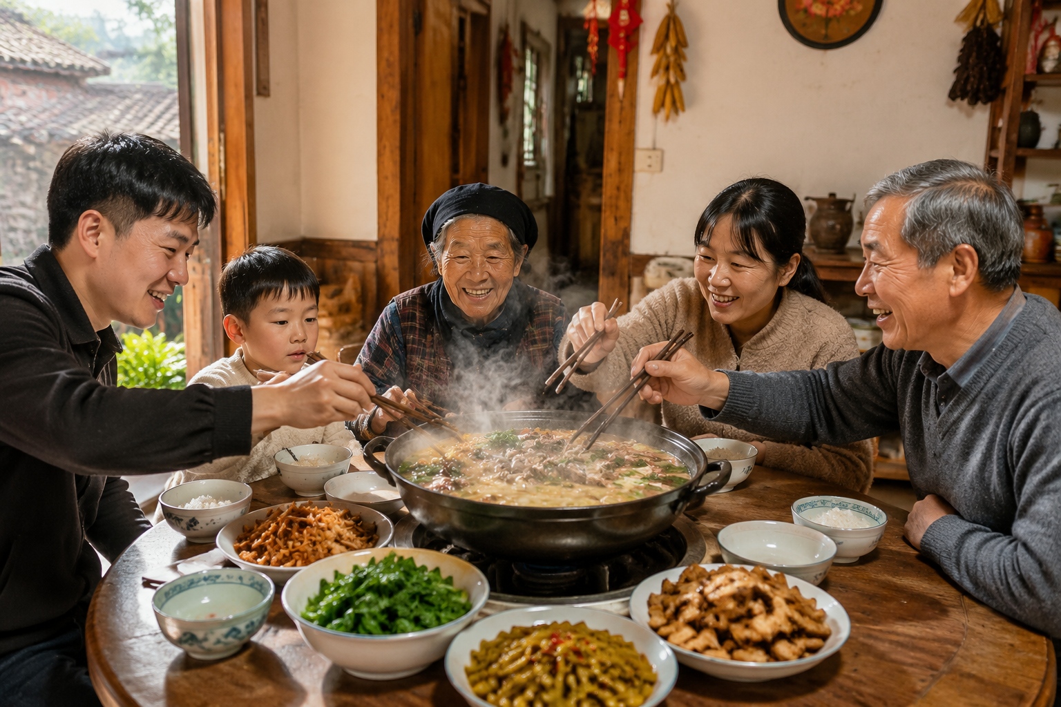 Family sharing a wild mushroom chicken soup hot pot in a Yunnan home