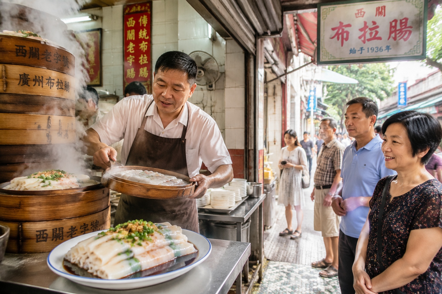 Cantonese cheung fun being made at a busy Guangzhou street stall in Xiguan, with steam rising from a bamboo steamer
