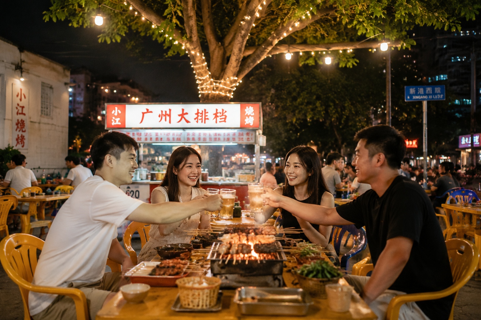 Open-air dai pai dong street food stall in Guangzhou at night, with people eating barbecue and drinking beer
