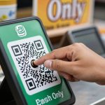 Person paying with smartphone and abandoned wallet