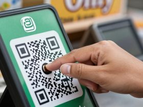 Person paying with smartphone and abandoned wallet