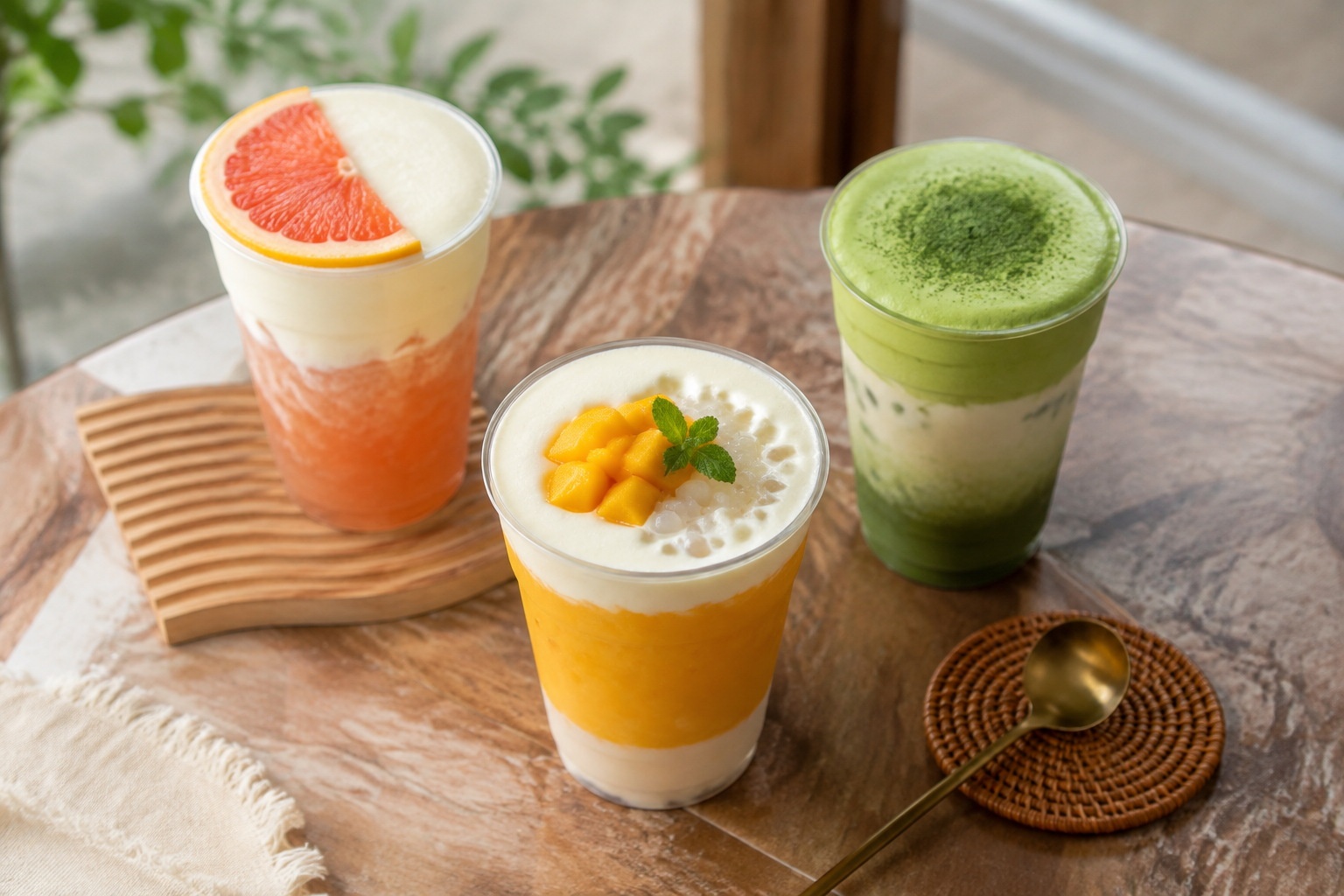 Three glasses of new wave tea with cheese foam and fruit toppings arranged on a marble table, showing the layered ingredients: tea, fruit puree, and thick cream foam.
