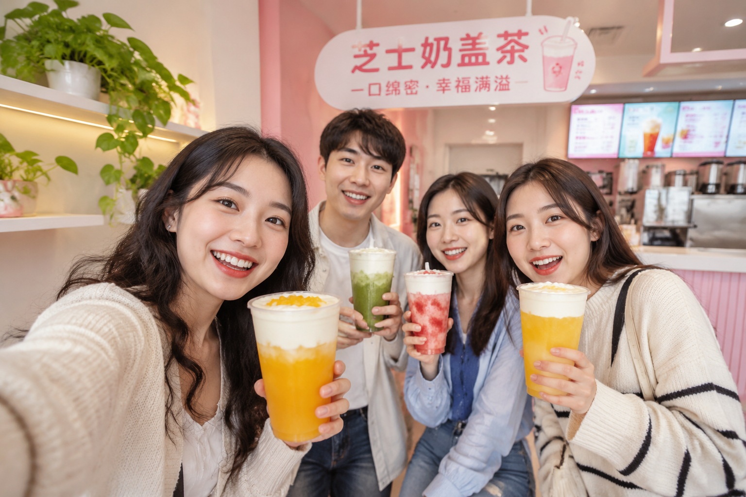 A group of young Chinese friends laughing and posing with colorful cheese foam tea drinks inside a trendy tea shop, one using her phone to take a selfie.