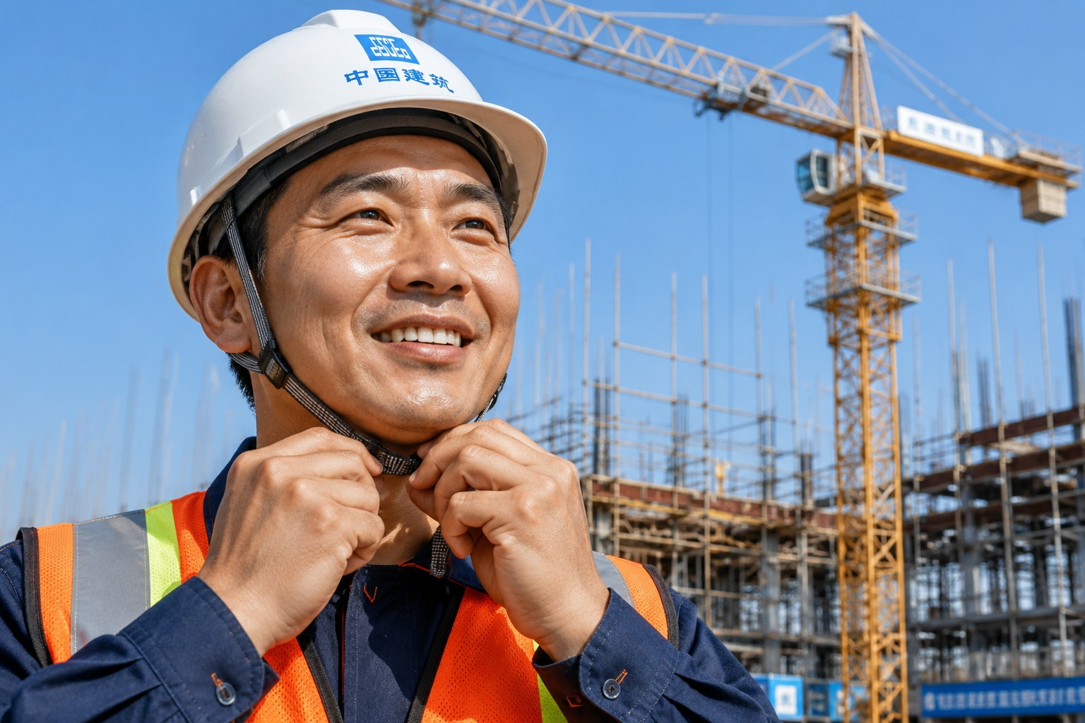 Chinese construction worker wearing a hard hat and safety vest adjusts his helmet on a sunny construction site, demonstrating strict safety compliance.
