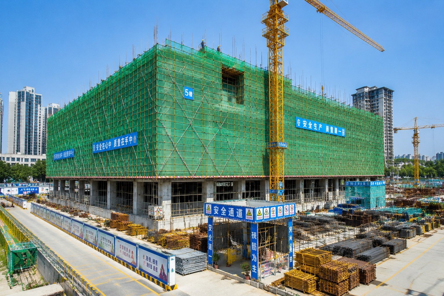 Chinese high-rise construction site wrapped in green safety nets, with workers on scaffolding and organized materials below, showcasing rigorous safety standards.