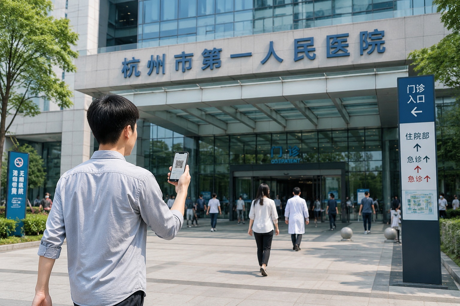 Person using mobile phone appointment to enter a public hospital in Hangzhou without waiting in line