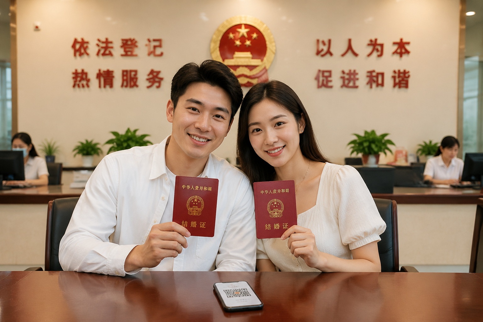 Newly married couple holding marriage certificates after quick online registration in Hangzhou