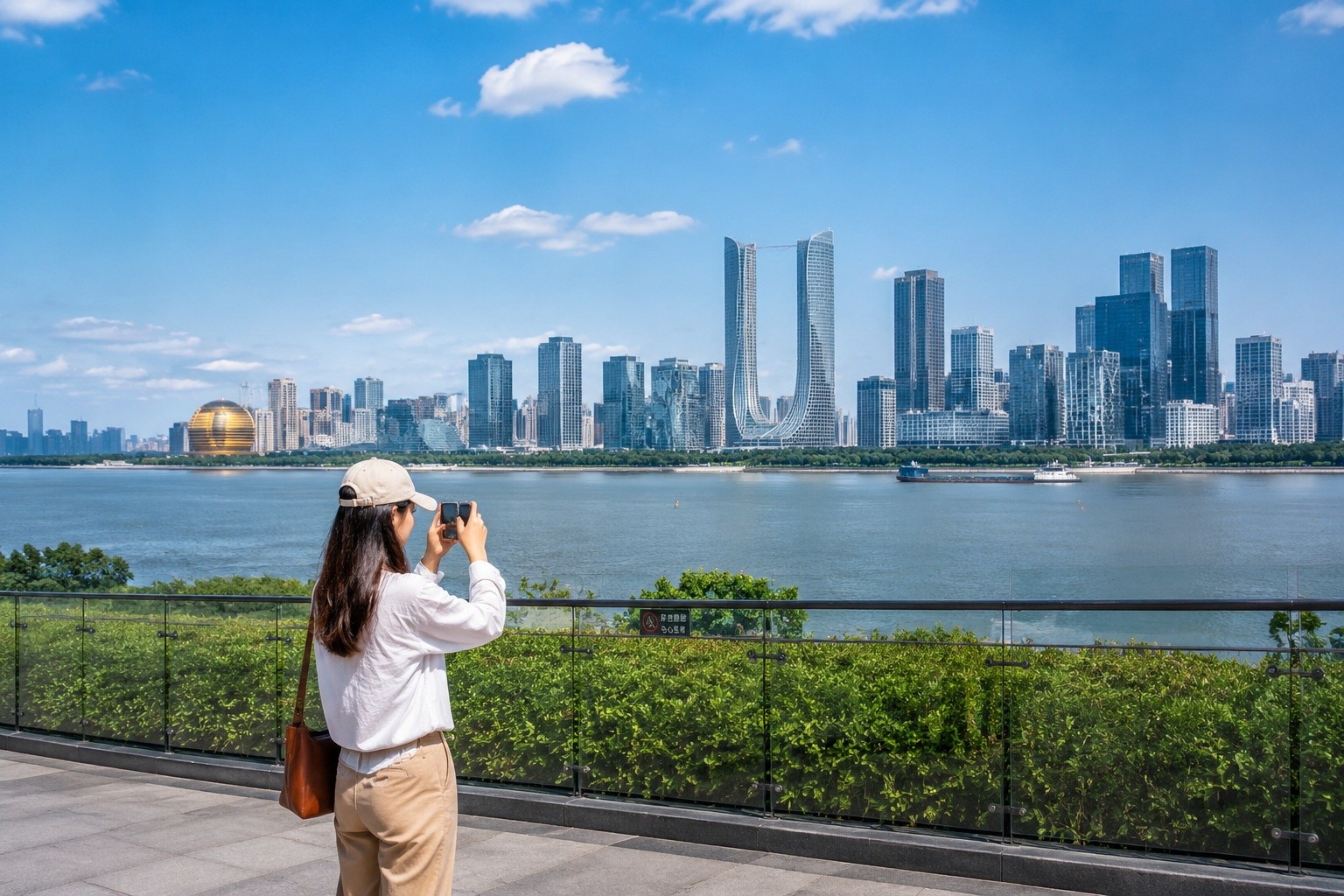 Hangzhou city view with modern architecture and a person using mobile phone for daily services