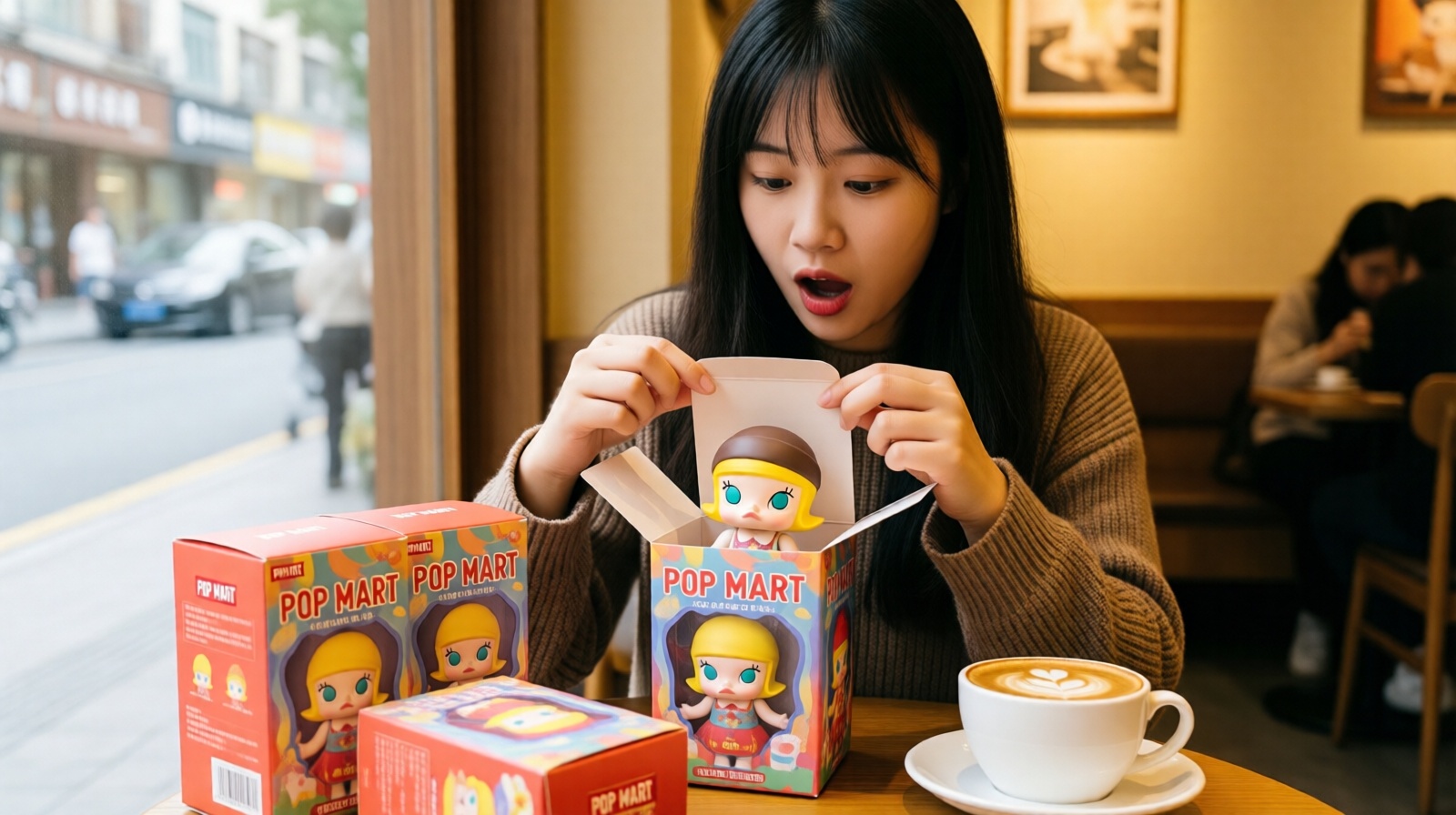 A Chinese Gen Z woman opening a Pop Mart blind box in a cafe, revealing a Molly figurine with a surprised smile.