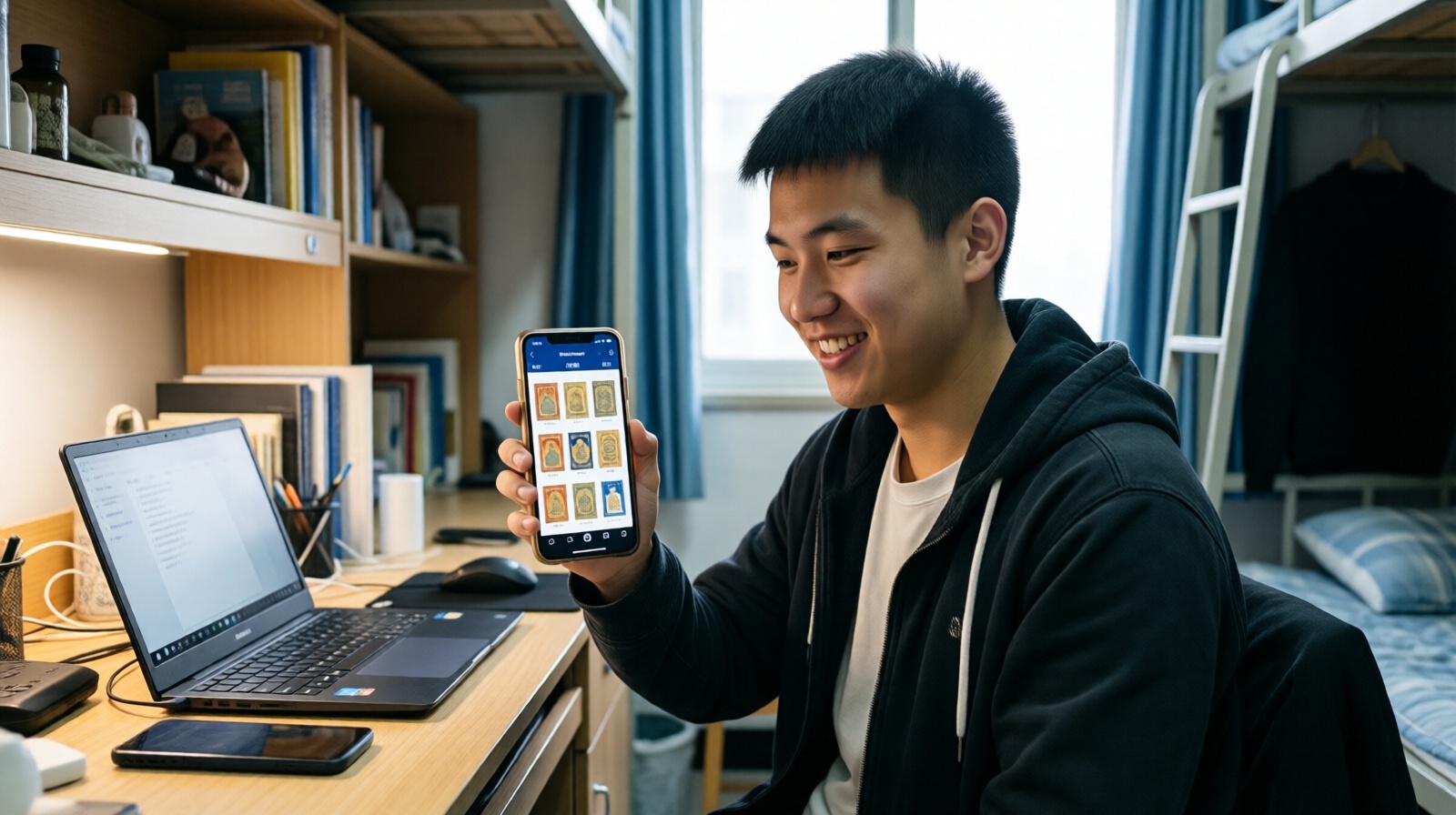 A Chinese Gen Z student viewing his digital collectibles collection on a smartphone in a dorm room.