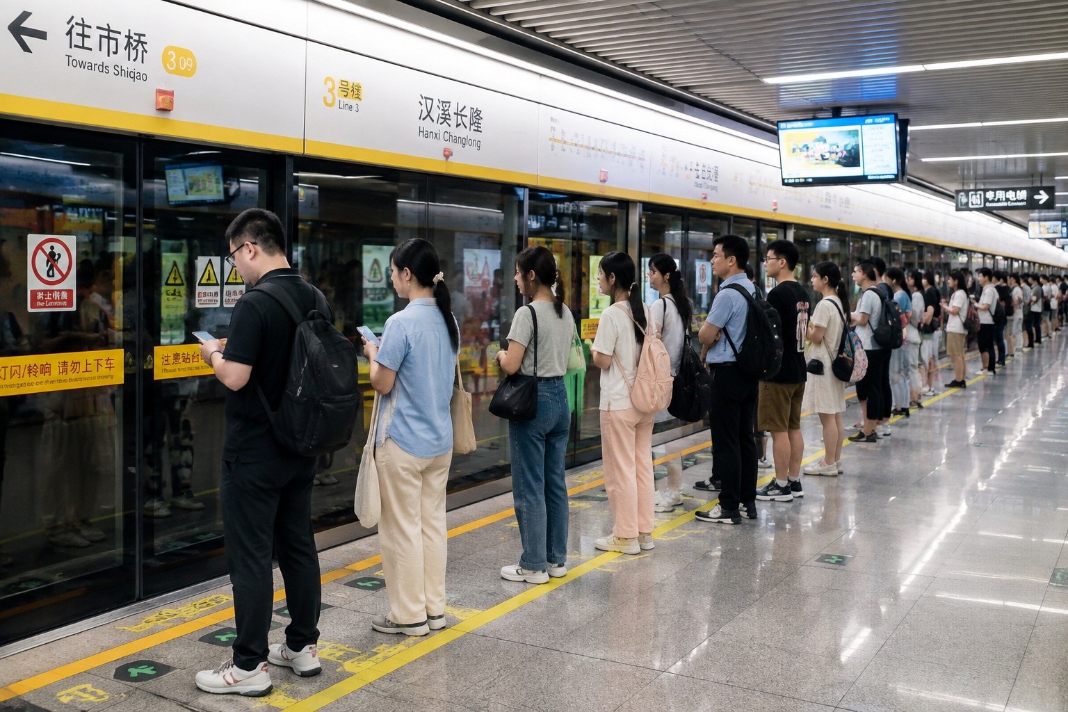 Commuters queuing orderly at a subway station in China, waiting for the train with calm patience
