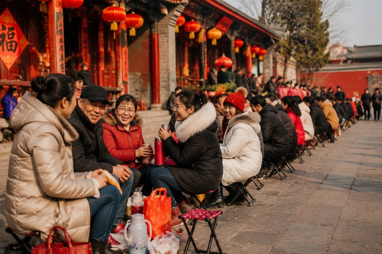 Worshipers queuing at a Chinese temple during Lunar New Year, sitting on stools and waiting patiently
