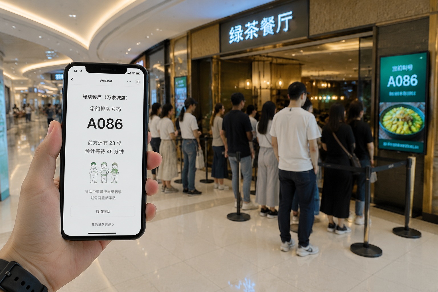 Person using WeChat virtual queue on smartphone while physically away from the restaurant line in a Chinese mall