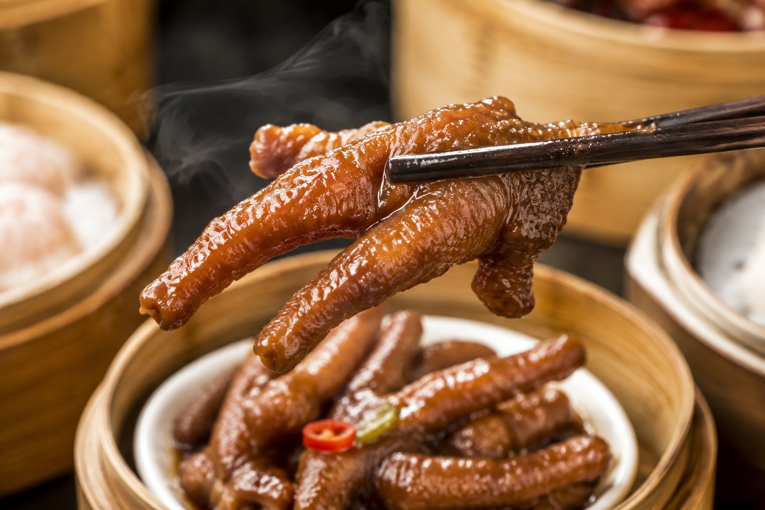 A pair of chopsticks lifting a braised chicken foot from a dim sum steamer, showcasing its glossy skin and texture.