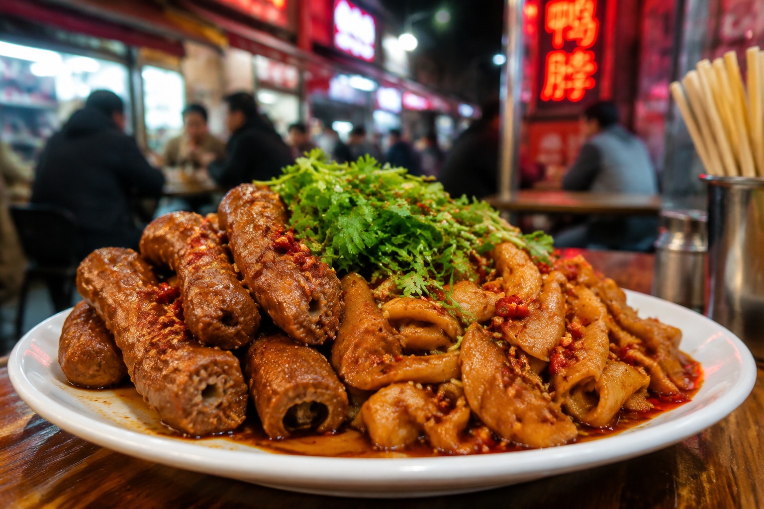 Spicy duck necks and pork intestines served at a Chinese street food stall, garnished with fresh chili and cilantro.