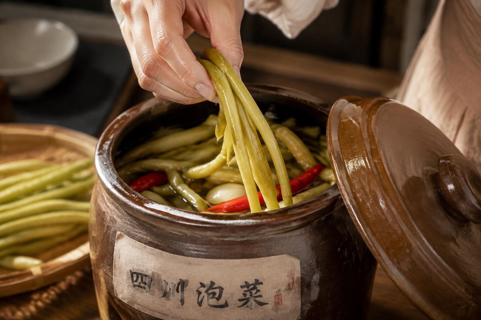 Hand picking green pickled long beans from a traditional Sichuan clay jar