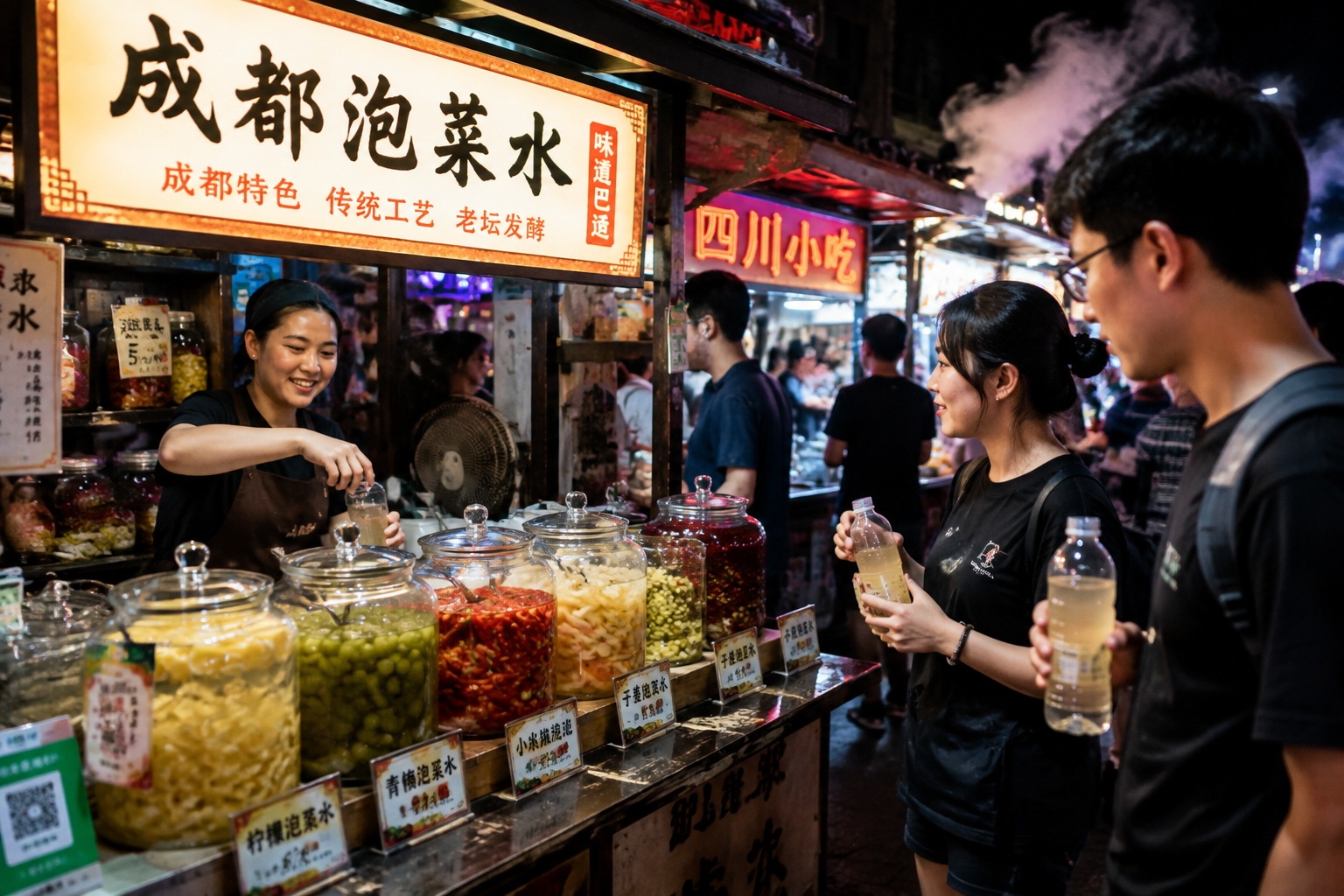Night market stall selling Sichuan pickle brine, customers with bottles