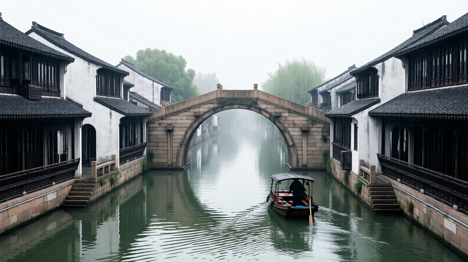Traditional canal scene in Yangzhou with stone bridge and ancient buildings reflecting in water