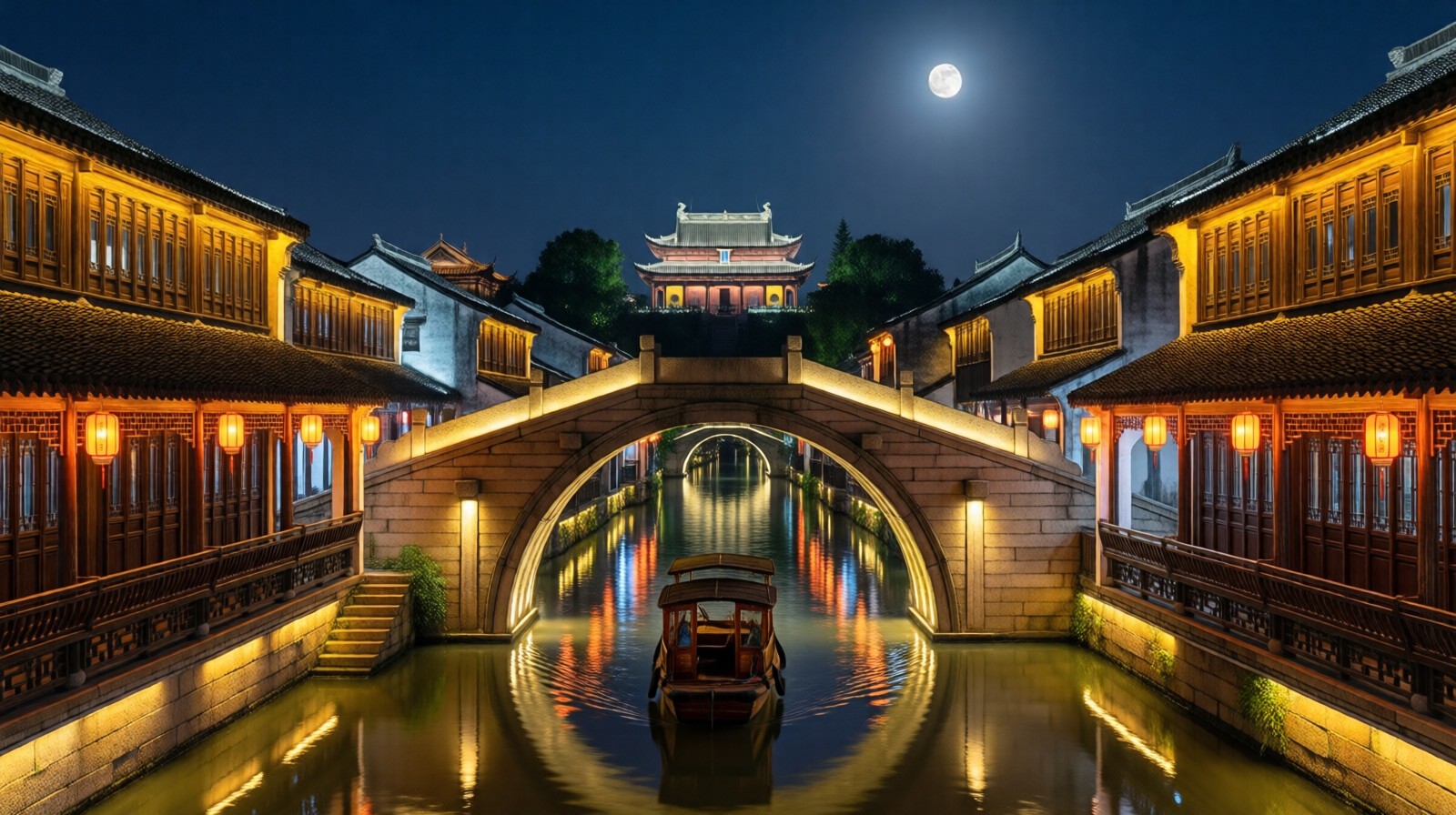 Maple Bridge in Suzhou at night with Cold Mountain Temple and boat on canal