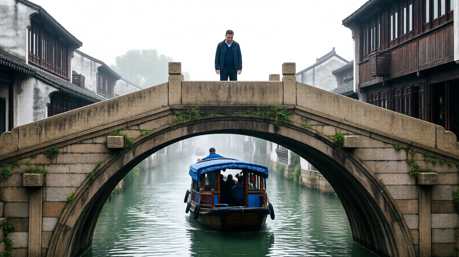 Tourist on stone bridge watching barge on Grand Canal in Suzhou