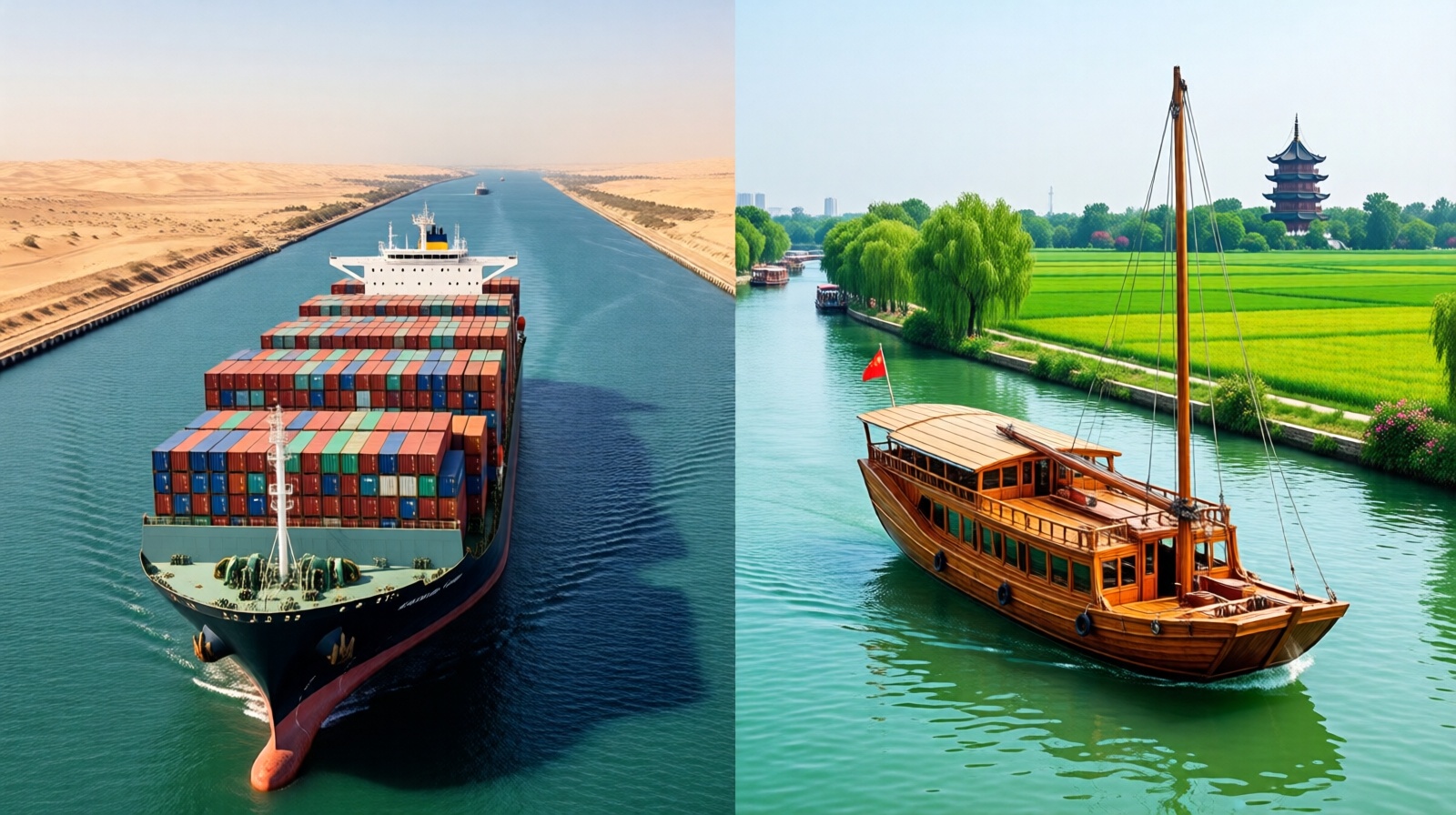 Comparison between Suez Canal container ship and Grand Canal traditional boat