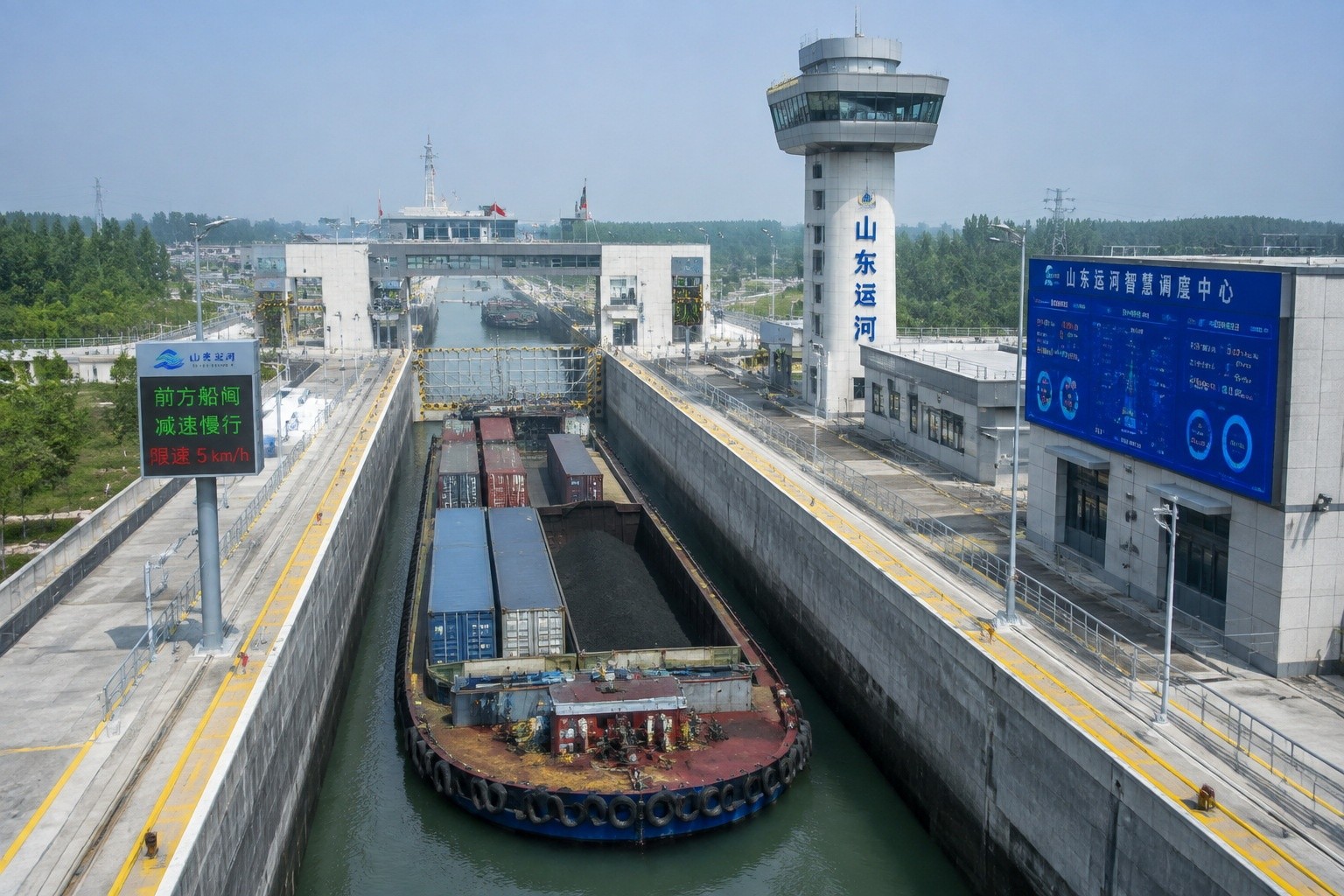 A container barge passing through an automated lock on the Grand Canal, with operators monitoring from a control tower.