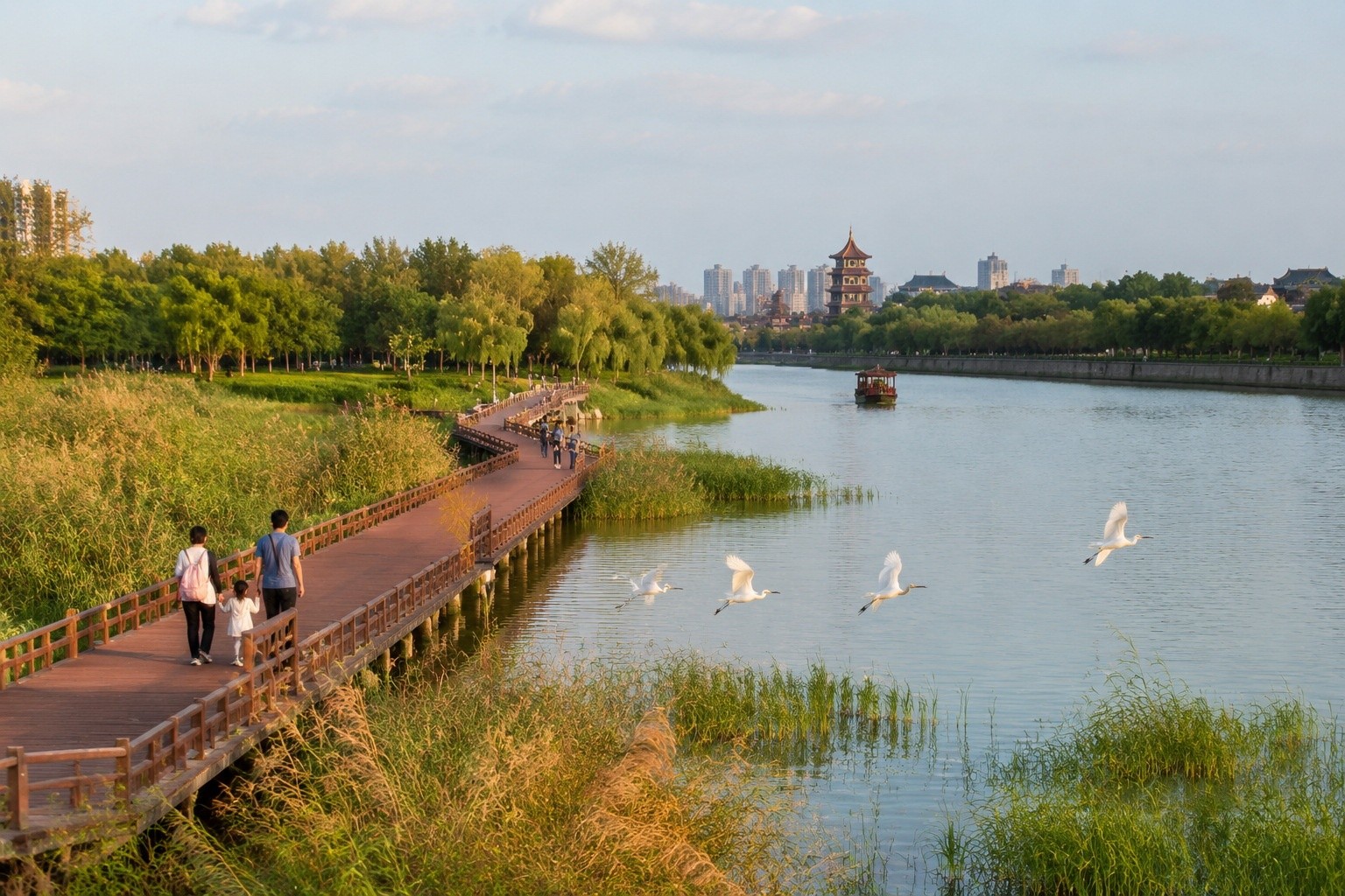 A wetland park along the Grand Canal in Yangzhou with egrets and boardwalks, showing restored ecosystem.