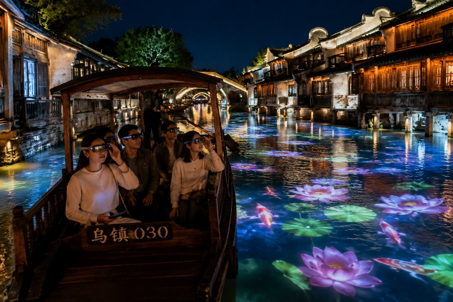 Tourists wearing AR glasses on a boat ride at night in Wuzhen, with digital overlays on ancient architecture.