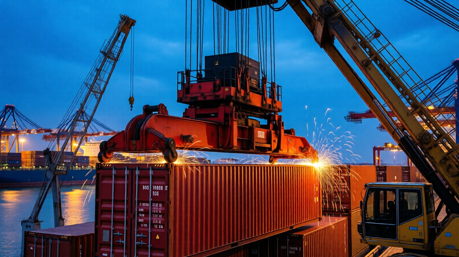 Automated ship-to-shore crane lowering a spreader onto a container at Yangshan deep-water port at dusk