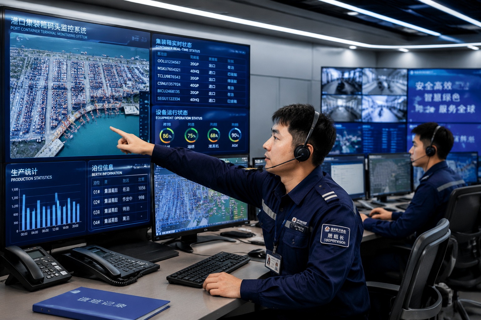 Shift supervisor pointing at a screen in the terminal control room of Yangshan automated port, showing container tracking data