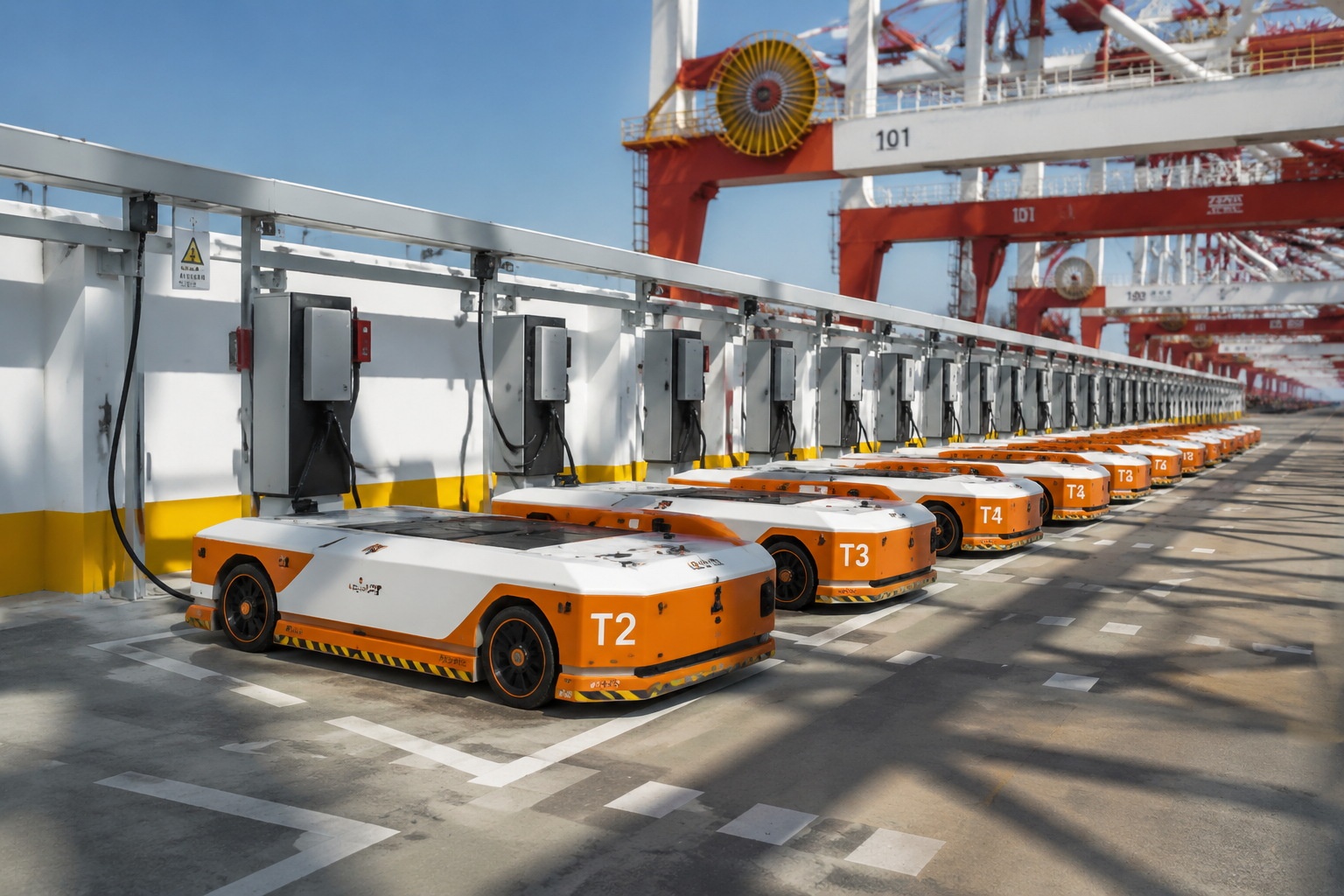 Row of electric autonomous guided vehicles recharging at Yangshan automated container terminal