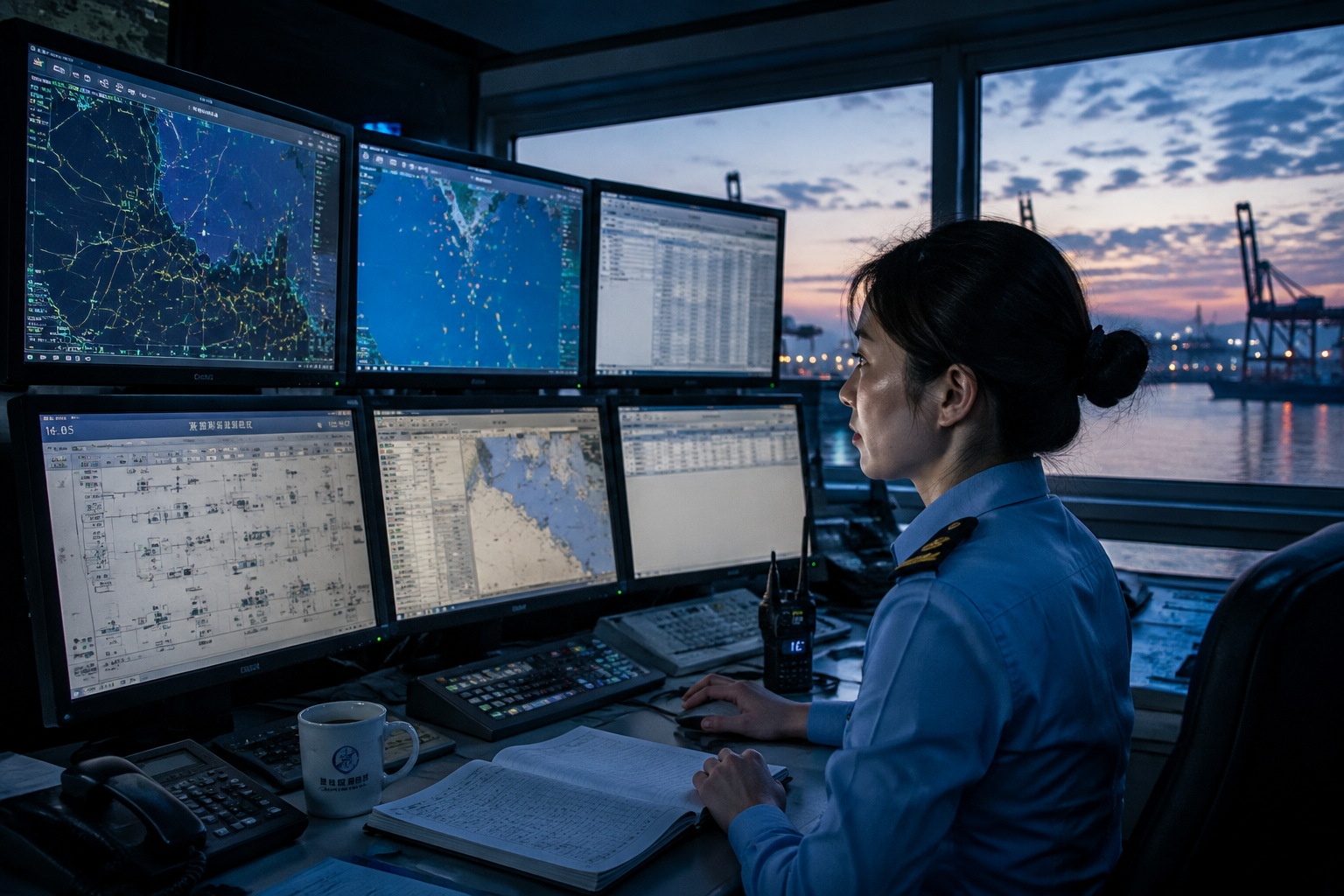 Port dispatcher Chen Wei monitoring ship movements on multiple screens in a control room at dawn, Ningbo Zhoushan Port
